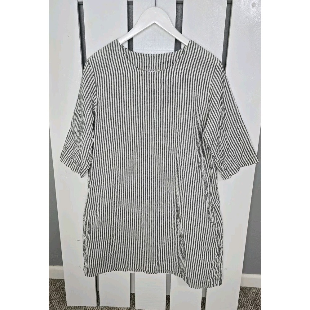 Len Ok Women's Striped Linen Tunic Shirt Dress‎ Black White XL Lagenlook Resort